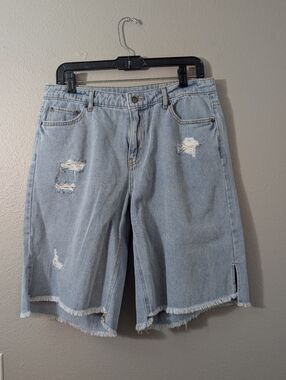 Future Collective Long Line Shorts Light Blue Distressed Denim Shorts - Women's